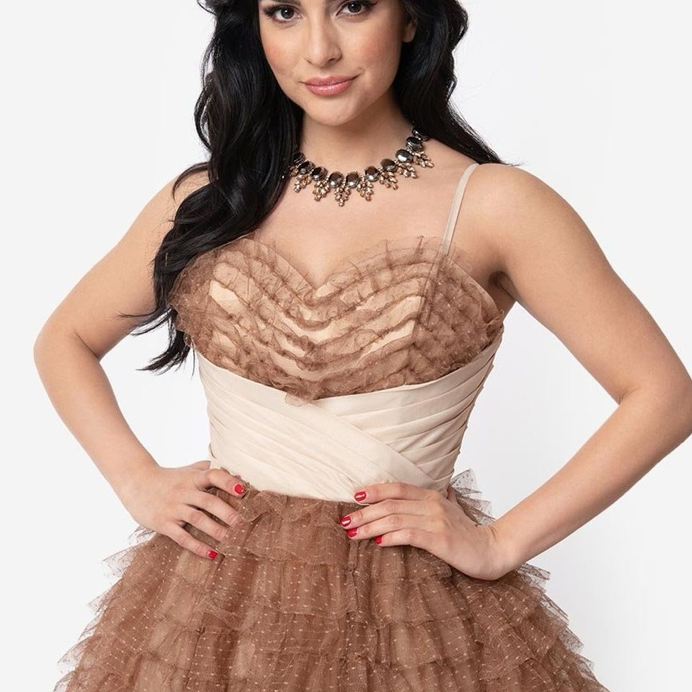 Unique Vintage 1950s Mocha Ruffled Tulle Sweetheart Cupcake Swing Dress